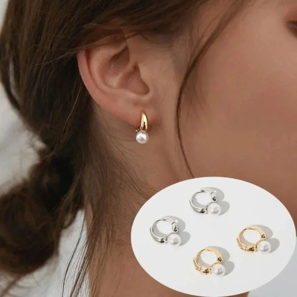 925 Sterling Silver Minimalist Pearl Huggie Hoop Earrings Silver or Gold - Picture 1 of 9